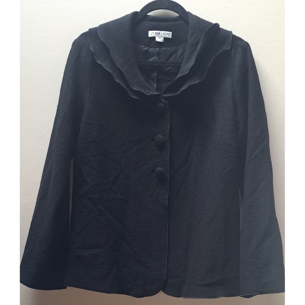 Pendleton Black 100% Wool Ruffle Collar Button Front Jacket Womens Medium